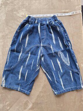 Kids Baggy Denim Shorts - Brushstroke Print - Size 130 (Kids 7/8) - 100% Cotton